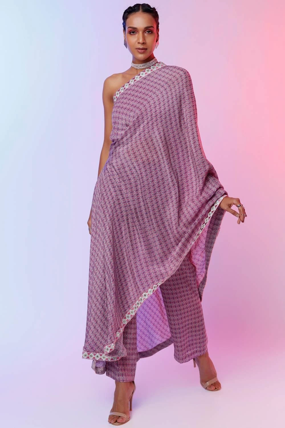 SVA Lilac Printed One Shoulder Sari & Pants