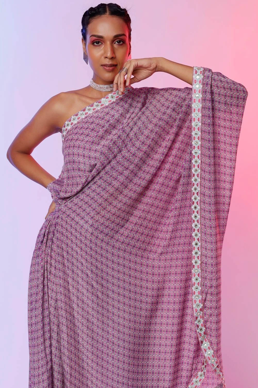 SVA Lilac Printed One Shoulder Sari & Pants - Image 2