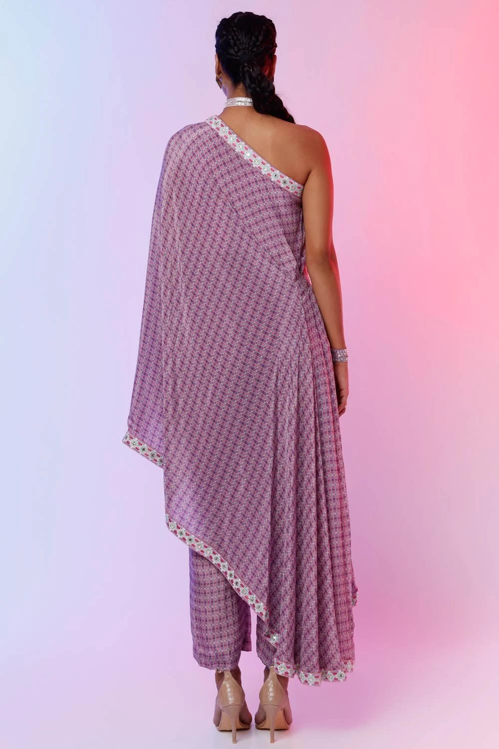 SVA Lilac Printed One Shoulder Sari & Pants - Image 4