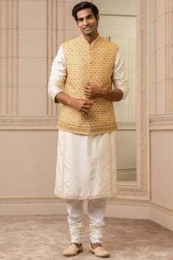 Tarun Tahiliani Men Gold Silk Dupion Printed Bundi