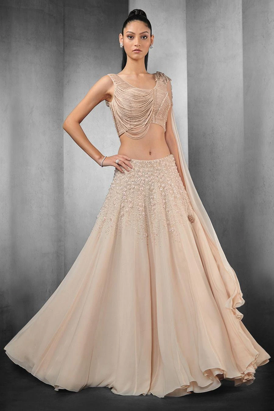 Rohit Gandhi + Rahul Khanna Peach Allyssum Fringe Lehenga