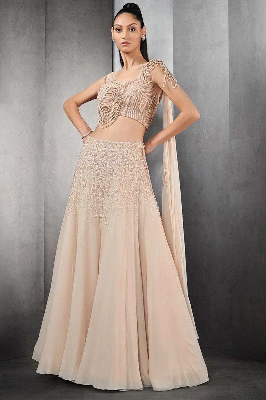 Rohit Gandhi + Rahul Khanna Peach Allyssum Fringe Lehenga - Image 3