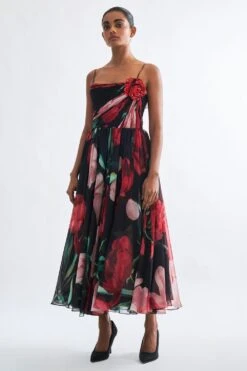 Gauri & Nainika Pink & Red Floating Peony Midi Dress
