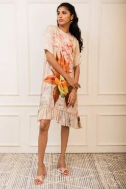 Varun Bahl Pret Beige Botanical Printed Long Tiered Dress