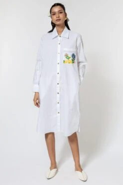 Ode To Odd White Poplin Embroidered Shirt Dress