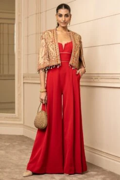 Tarun Tahiliani Red Paisley Printed Cape & Jumpsuit