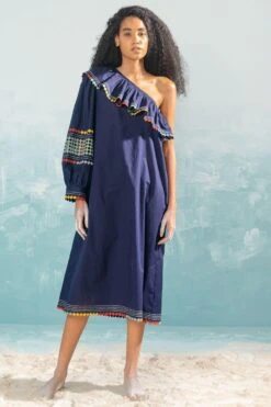 Ikai Navy Multi Applique Off Shoulder Dress