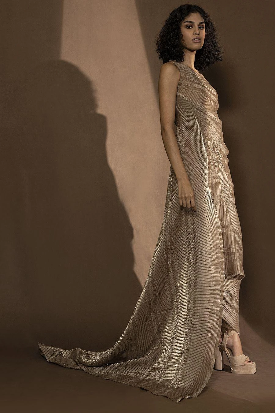 Abhishek Sharma Off-shoulder Textured Metallic Draped Dress - Image 3