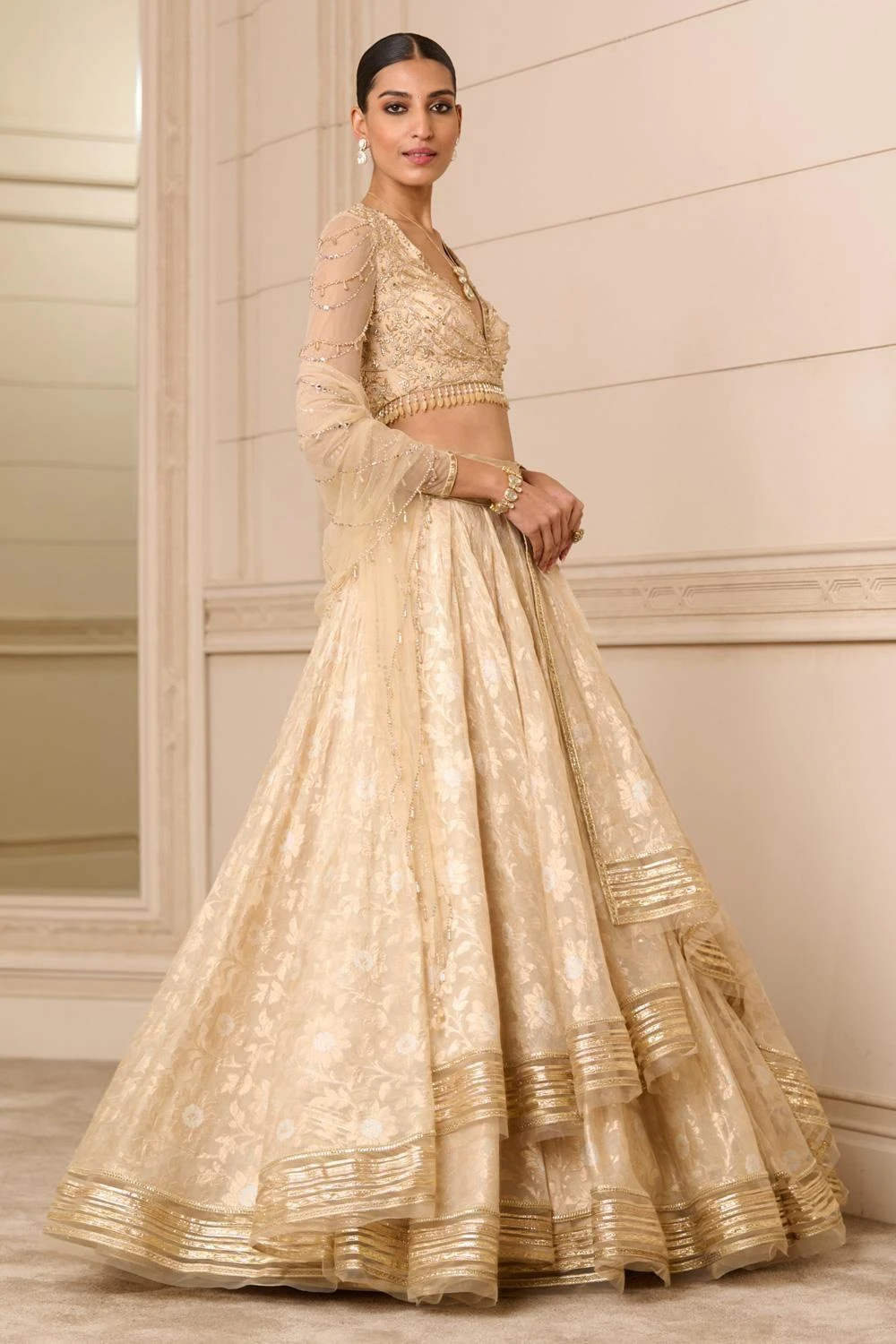 Tarun Tahiliani Ivory & Gold Hand Embellished Lehenga Set - Image 2