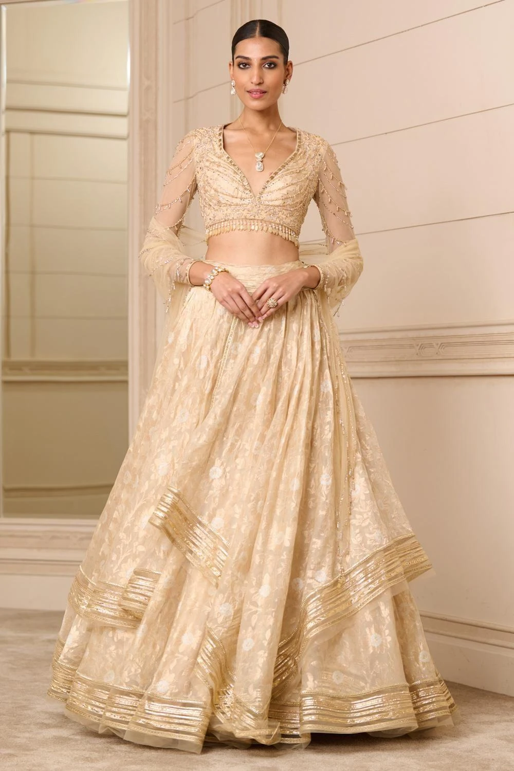 Tarun Tahiliani Ivory & Gold Hand Embellished Lehenga Set - Image 3