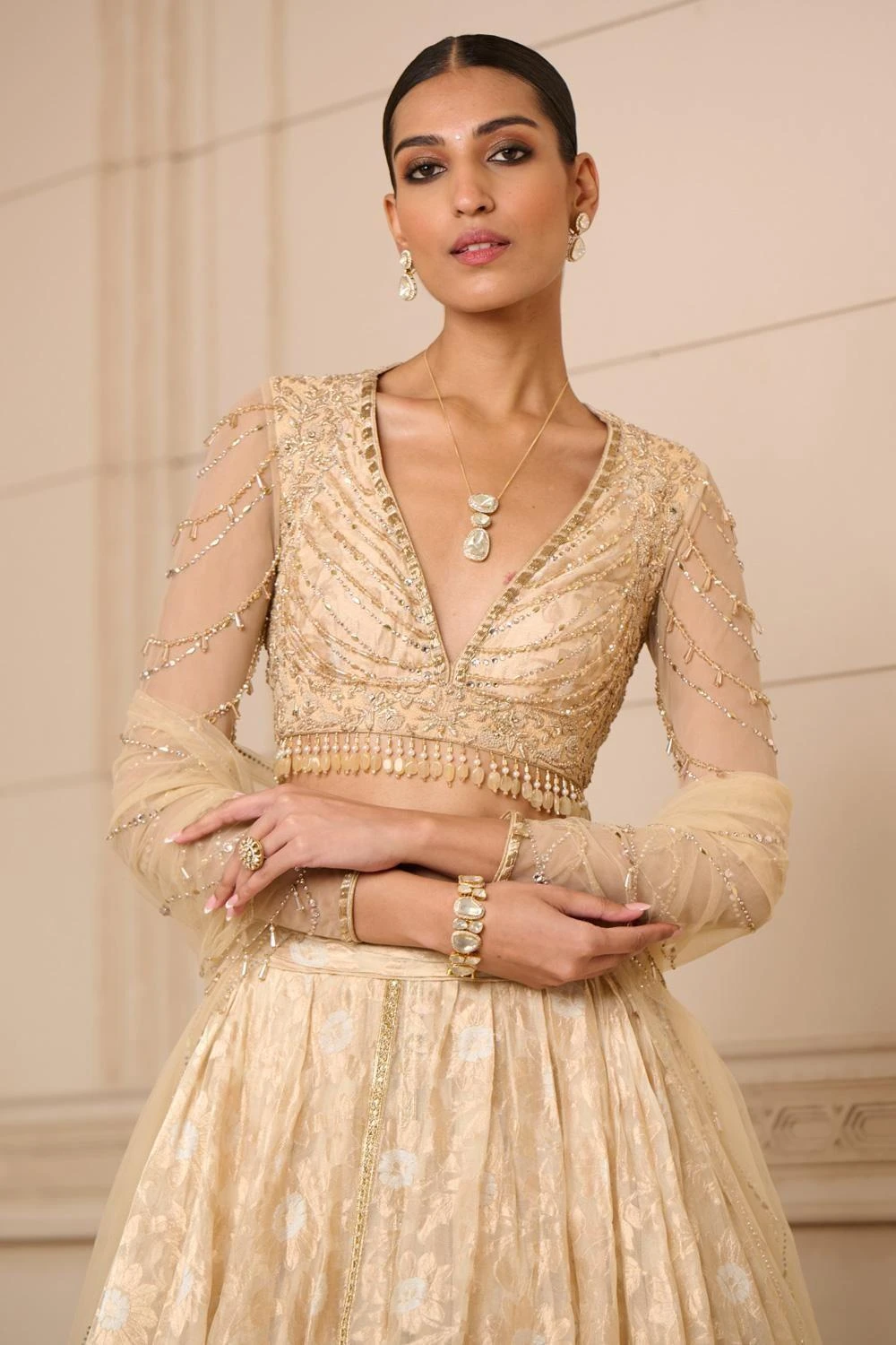 Tarun Tahiliani Ivory & Gold Hand Embellished Lehenga Set - Image 4