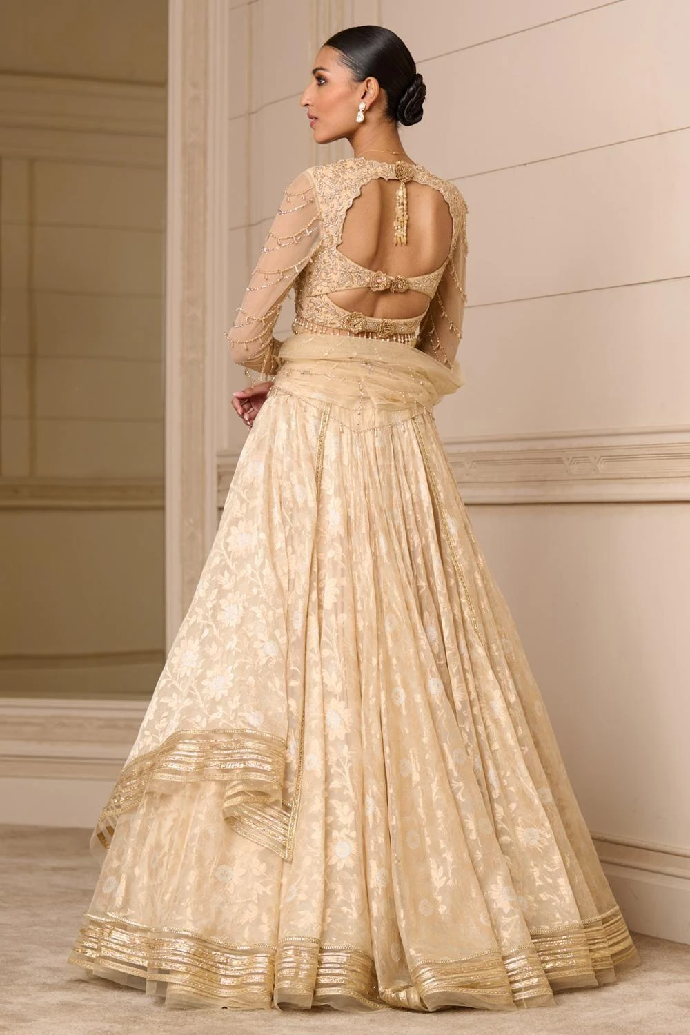 Tarun Tahiliani Ivory & Gold Hand Embellished Lehenga Set - Image 5