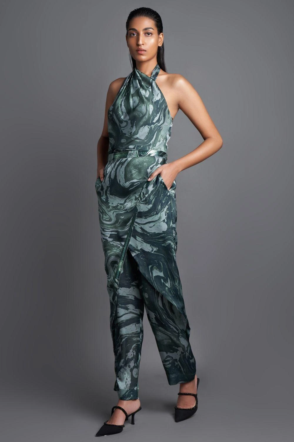 Amit Aggarwal Marbled Draped Emerald Jumpsuit - Image 2