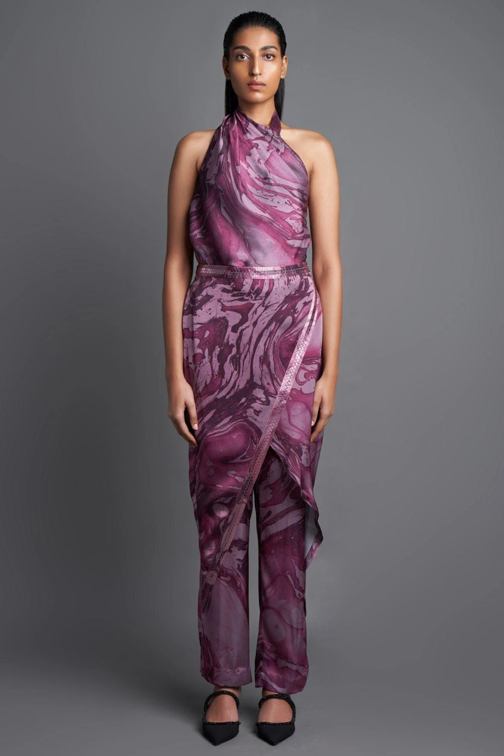 Amit Aggarwal Marbled Draped Plum Jumpsuit
