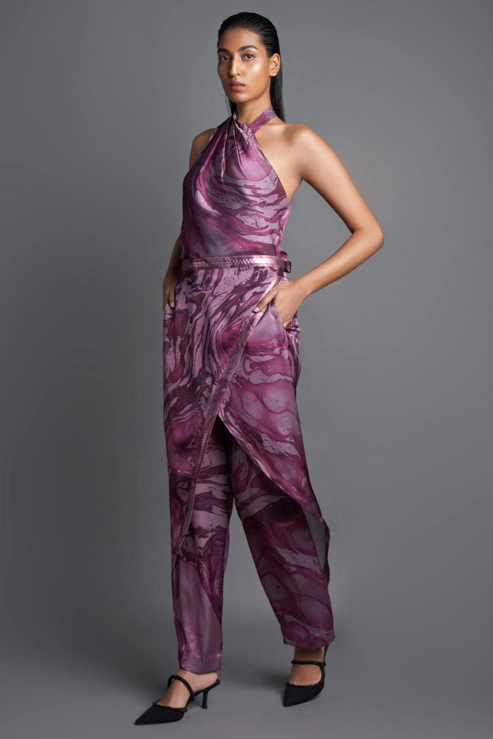 Amit Aggarwal Marbled Draped Plum Jumpsuit - Image 2