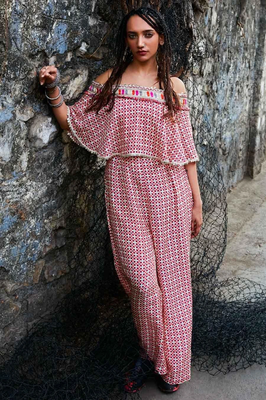 SVA Ivory Geometric Printed Off Shoulder Jumpsuit