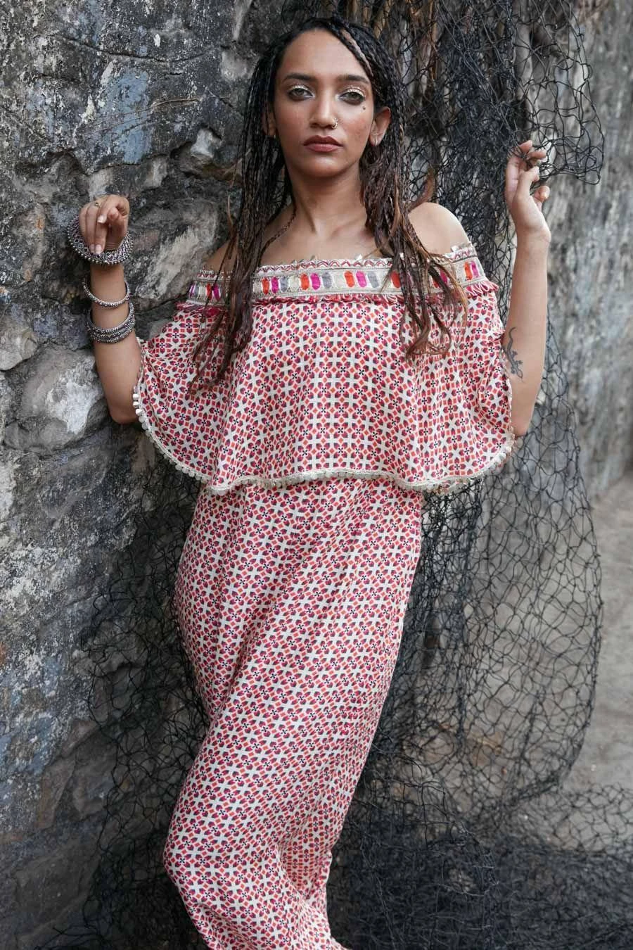 SVA Ivory Geometric Printed Off Shoulder Jumpsuit - Image 2