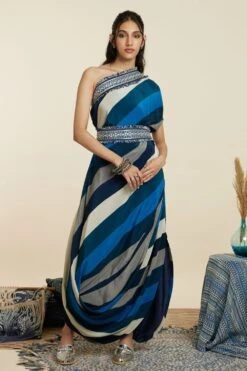 SVA Blue-Hued Stripe Print One-Shoulder Cowl Dress