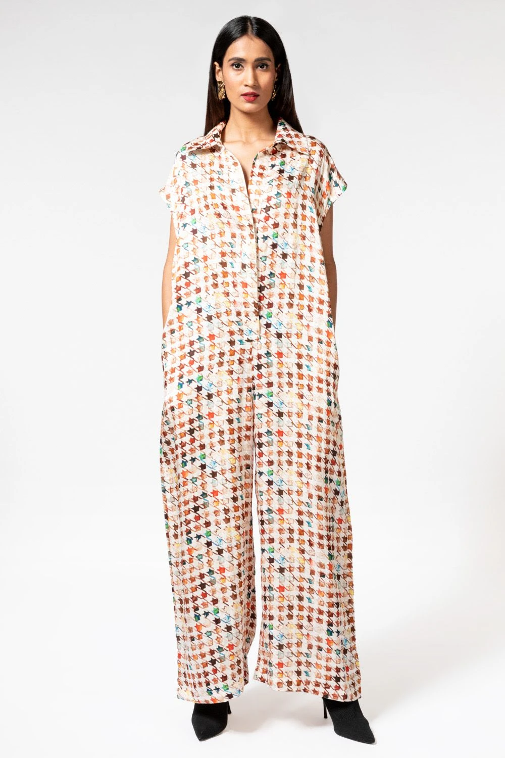 Inca Houndstooth Linen Satin Jumpsuit
