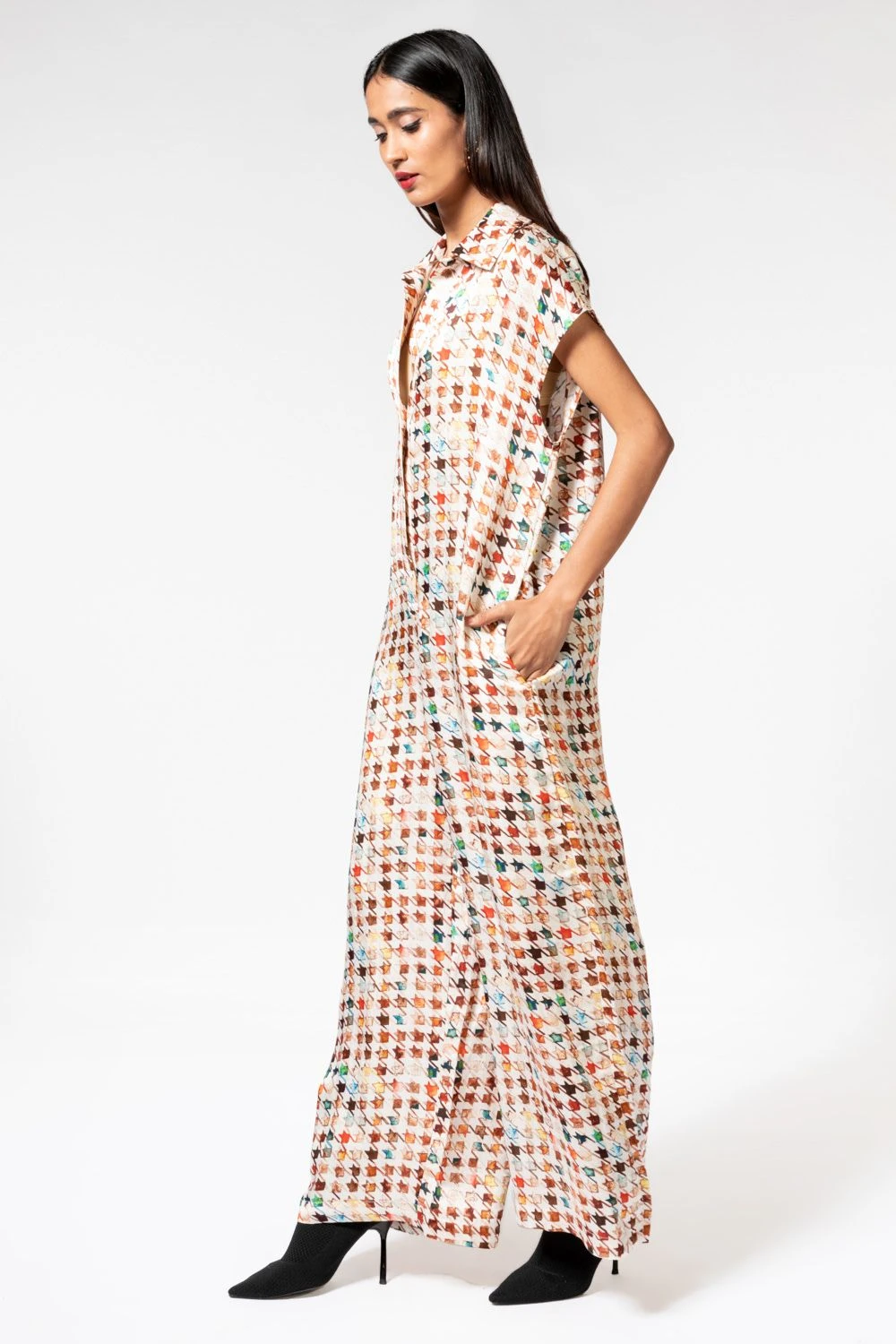 Inca Houndstooth Linen Satin Jumpsuit - Image 2