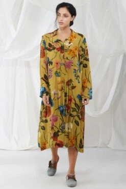 YAVI Mustard Floral Printed Collared Dress