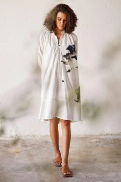 Khara Kapas White Art Print Poplin Dress