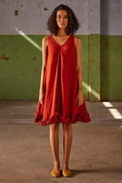 Khara Kapas Brick Red Linen Dress
