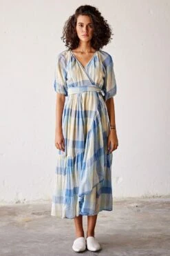 Khara Kapas Blue Checkered Wrap Dress