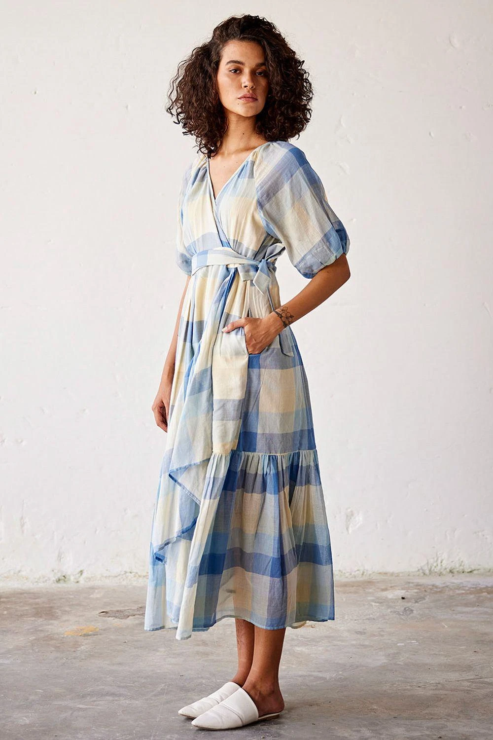 Khara Kapas Blue Checkered Wrap Dress - Image 2