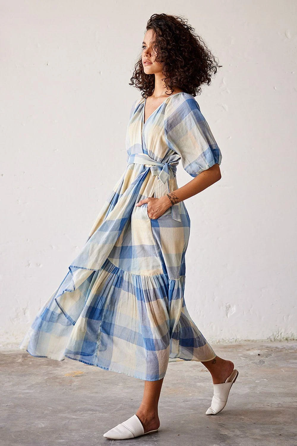 Khara Kapas Blue Checkered Wrap Dress - Image 3