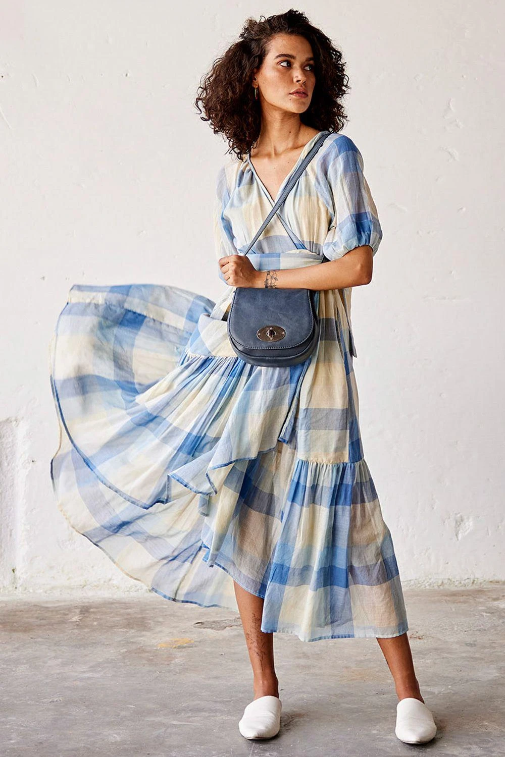 Khara Kapas Blue Checkered Wrap Dress - Image 5