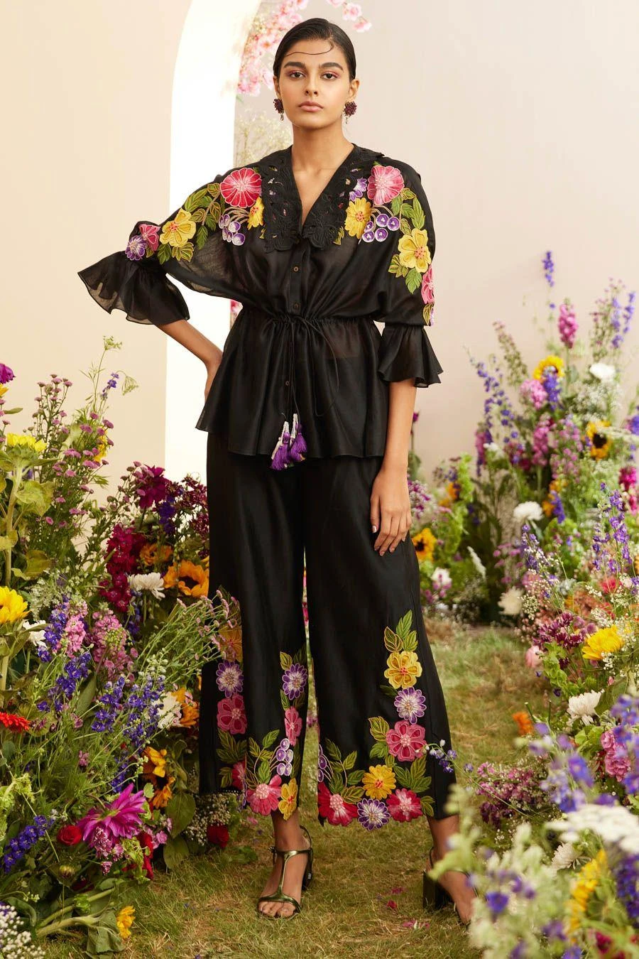 Chandrima Black Floral Applique Kimono Shirt