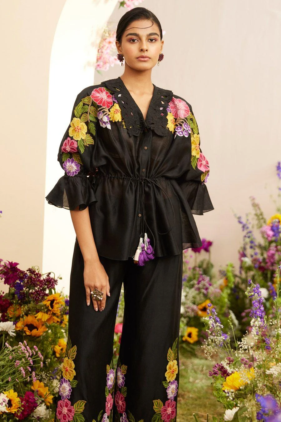 Chandrima Black Floral Applique Kimono Shirt - Image 2