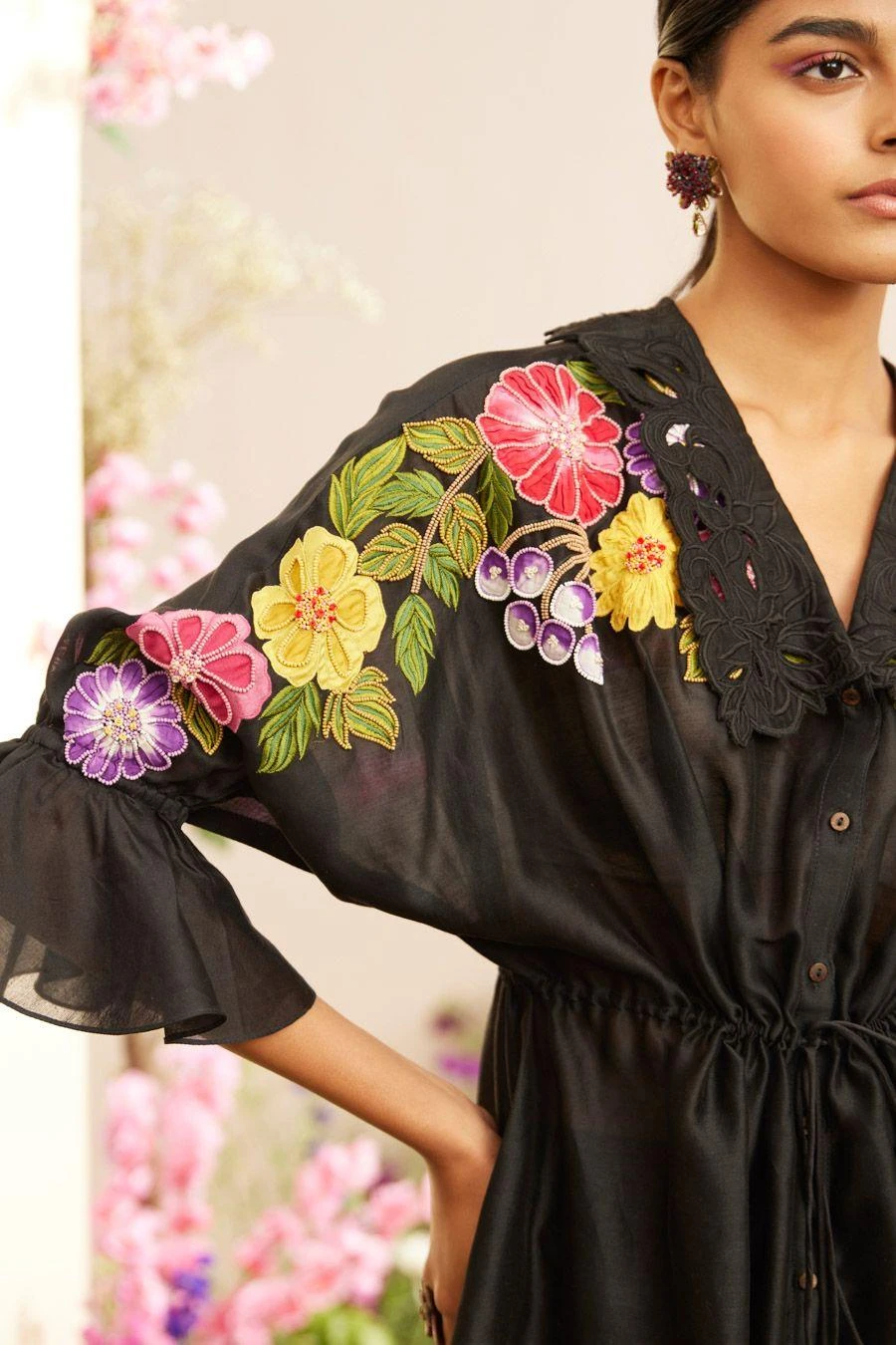 Chandrima Black Floral Applique Kimono Shirt - Image 3