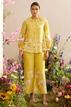 Chandrima Yellow Contrast Threadwork Shirt