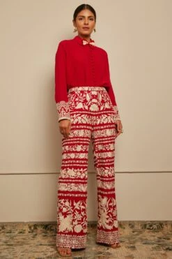 PATINE Ruby Red Silk Georgette Embroidered Shirt