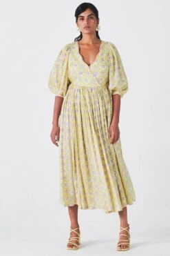 Little Things Yellow Printed Dress With Balloon Sleeves