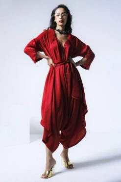 Shorshe Red Collared Cowl Jumpsuit