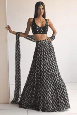 Arpita Mehta Black Butti Print Tiered Skirt Set