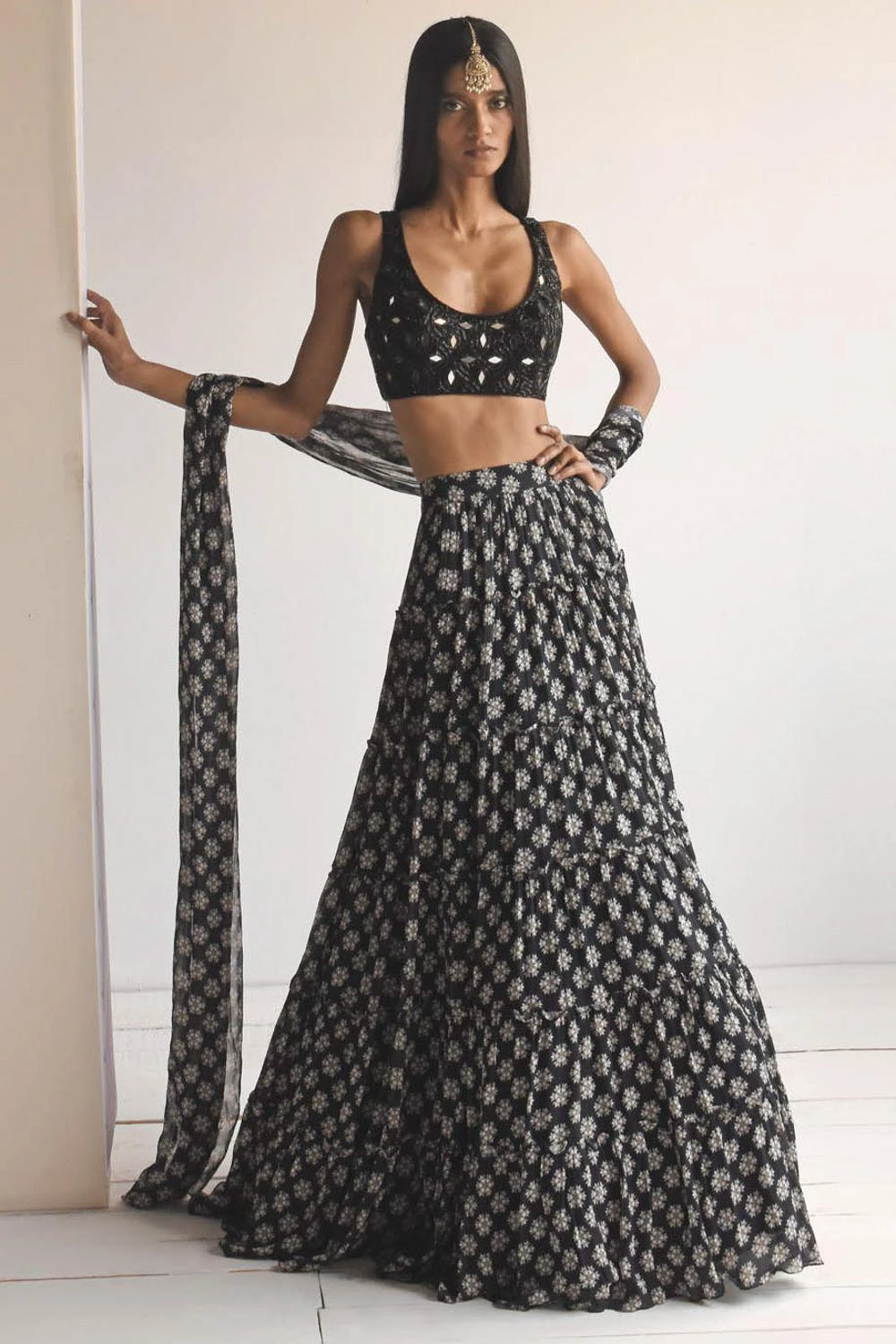 Arpita Mehta Black Butti Print Tiered Skirt Set