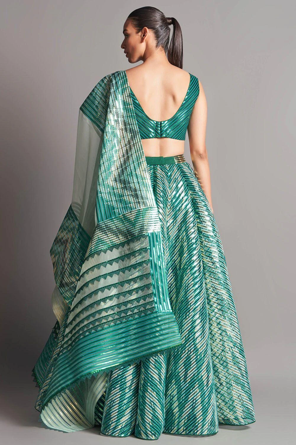 Amit Aggarwal Emerald Metallic Structured Lehenga - Image 2