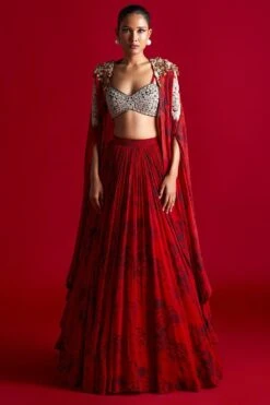 Bhumika Sharma Red Blossom Printed Cape Set