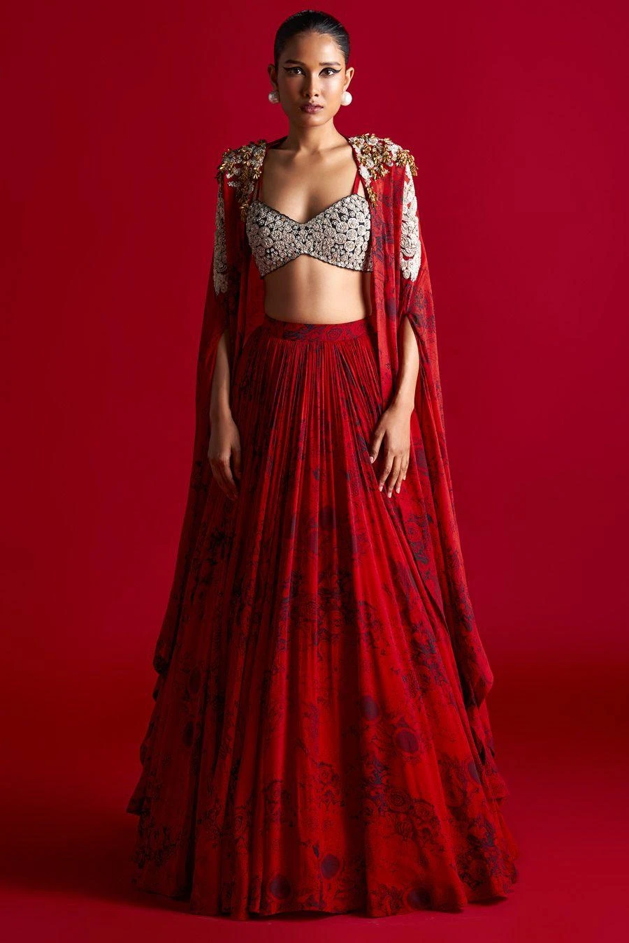 Bhumika Sharma Red Blossom Printed Cape Set