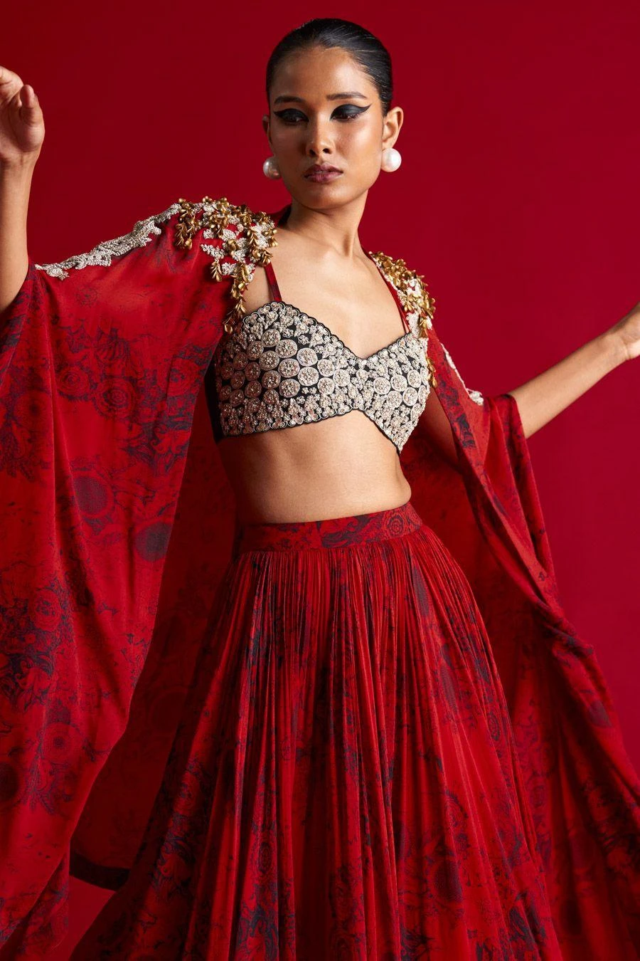 Bhumika Sharma Red Blossom Printed Cape Set - Image 2