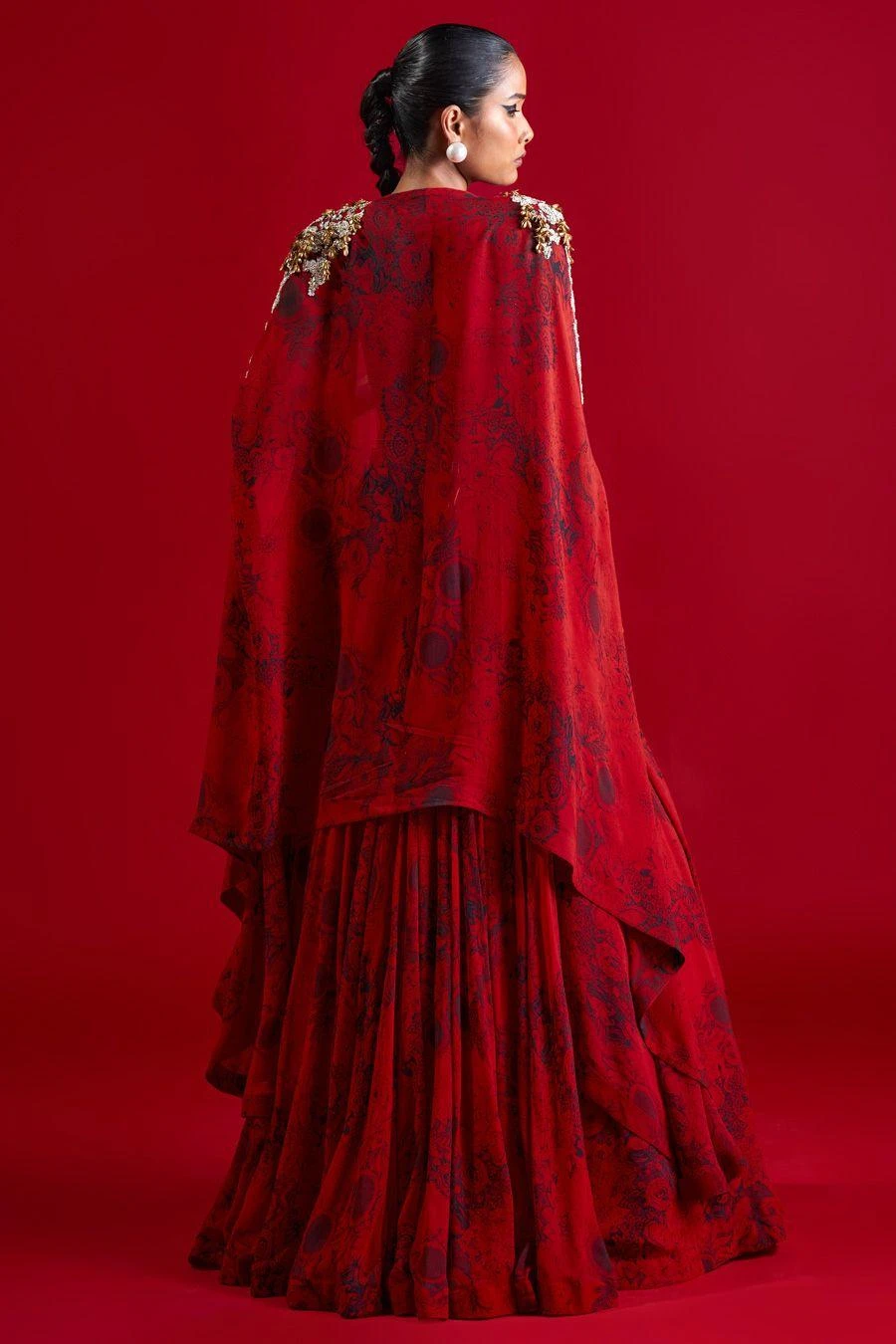 Bhumika Sharma Red Blossom Printed Cape Set - Image 3