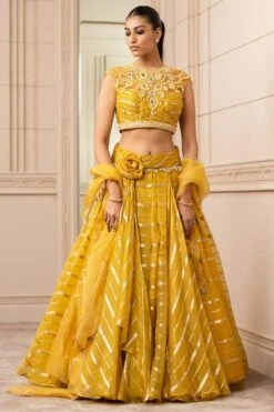 Tarun Tahiliani Mustard Cascade Drape Lehenga Set
