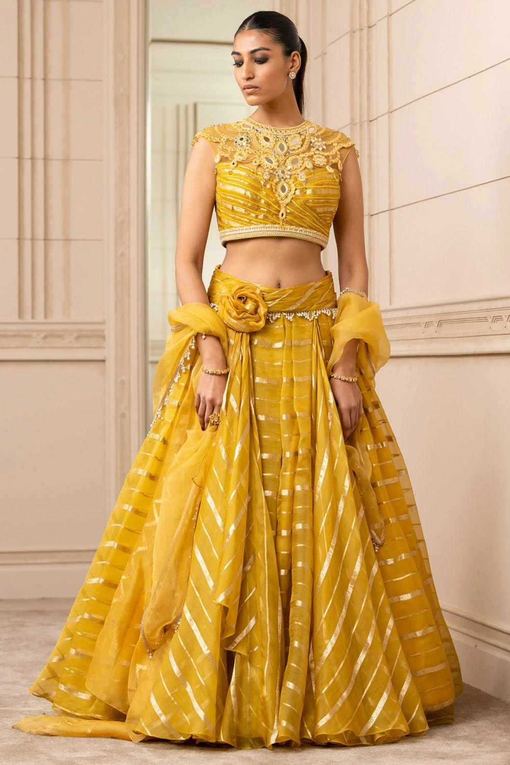 Tarun Tahiliani Mustard Cascade Drape Lehenga Set