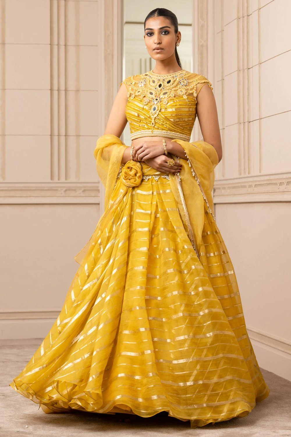 Tarun Tahiliani Mustard Cascade Drape Lehenga Set - Image 2