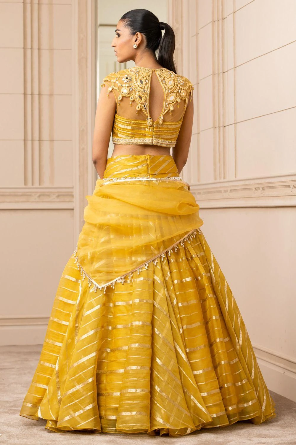 Tarun Tahiliani Mustard Cascade Drape Lehenga Set - Image 3
