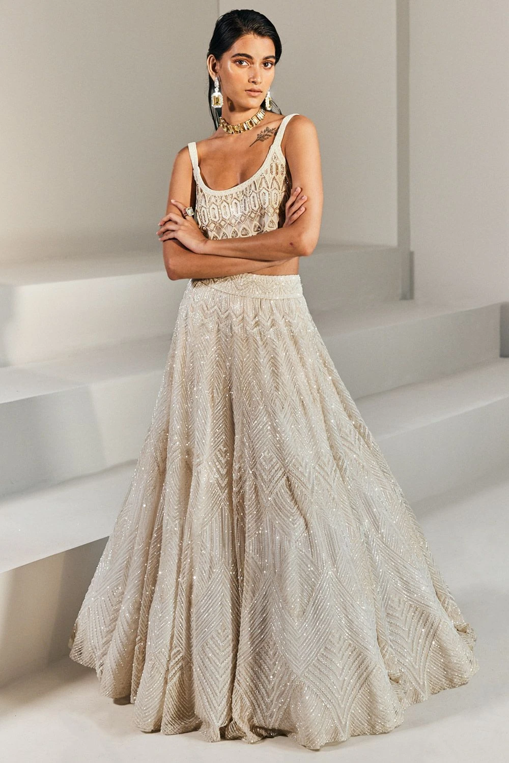 Ritika Mirchandani Ivory & Gold Embellished Lehenga Set